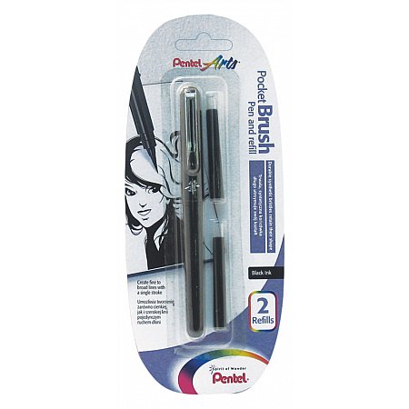 Pentel, pocket brush pen + 2 patroner - svart